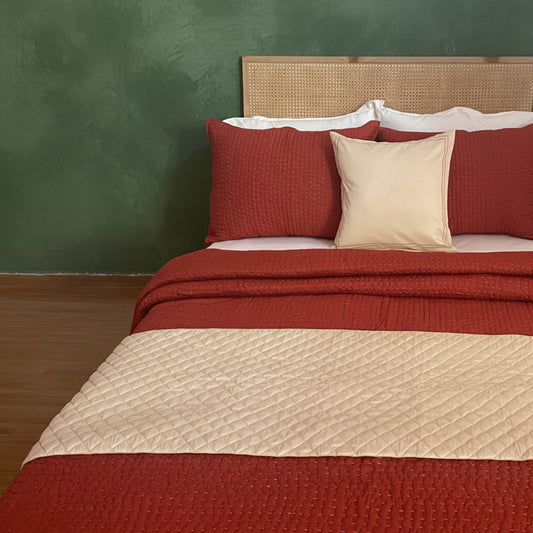 BEIGE Bed Runner Set with Quilted Bed Runner and Embroidered Pillow cover in Faux Silk