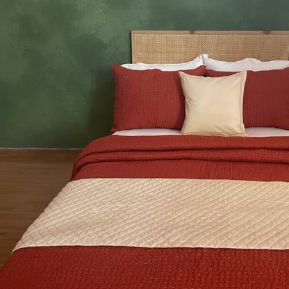 BEIGE Bed Runner Set with Quilted Bed Runner and Embroidered Pillow cover in Faux Silk
