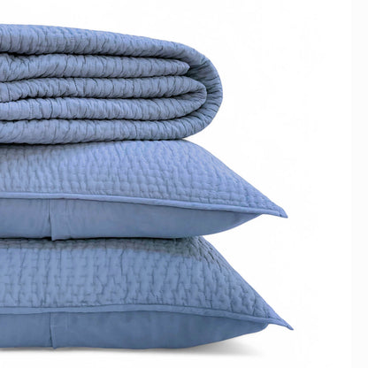 Denim Blue Hand Quilted Bedding Set With Pillow Covers