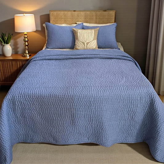 Denim Blue Hand Quilted Bedding Set With Pillow Covers