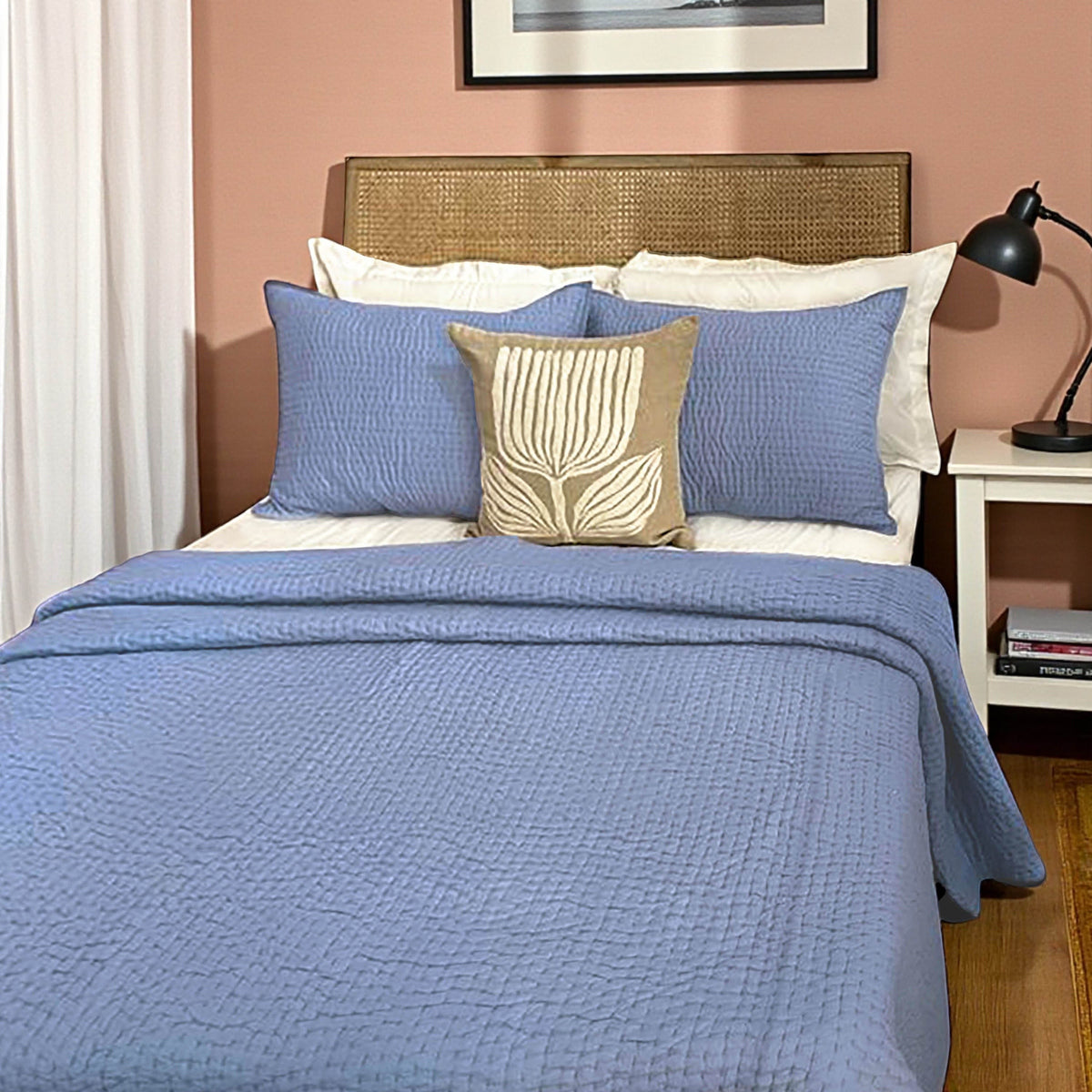 Denim Blue Hand Quilted Bedding Set With Pillow Covers