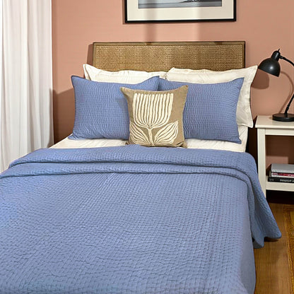 Denim Blue Hand Quilted Bedding Set With Pillow Covers