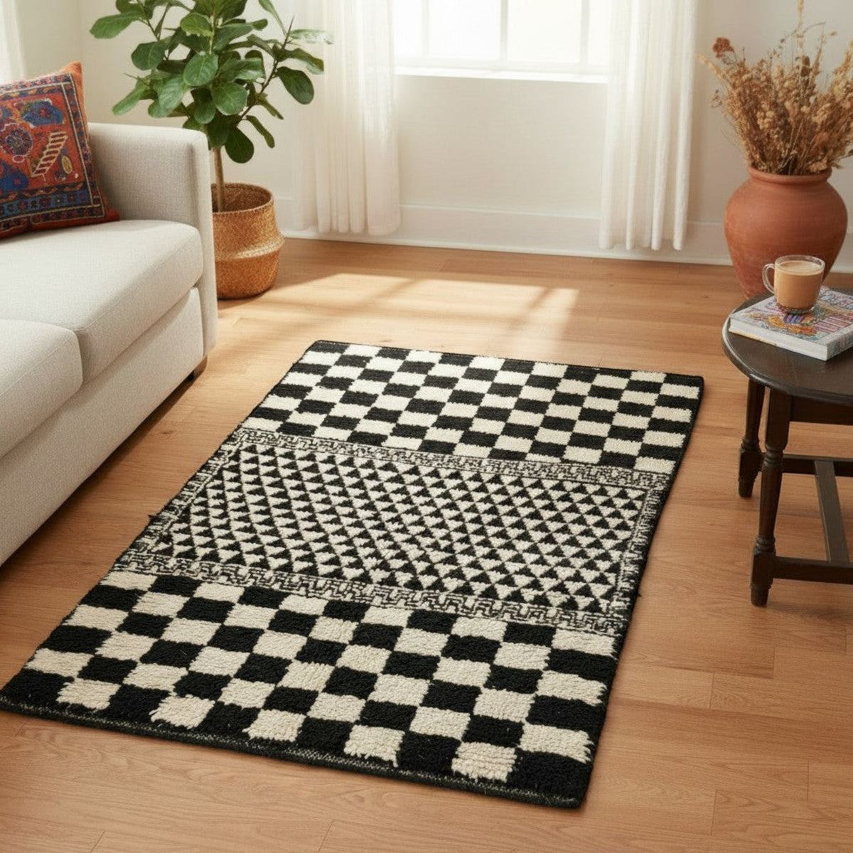 Checkerboard Patterned Area Rug With Geometric Design
