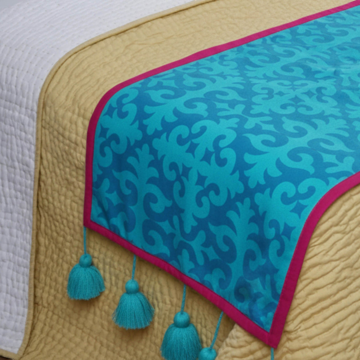 SHYRDAK - Turquoise printed cotton Bed runner set - King / Queen / Twin Size