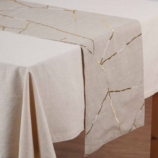 Kintsugi Linen Table Runner – Gold & White Silk Embroidery Japanese Inspired Décor