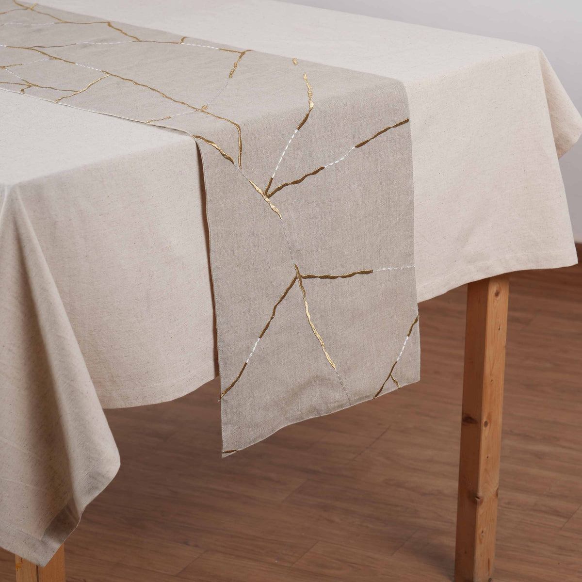 KINTSUGI Linen Table Runner – Gold & White Silk Embroidery - Sizes Available