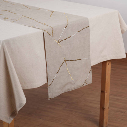 Kintsugi Linen Table Runner – Gold & White Silk Embroidery Japanese Inspired Décor