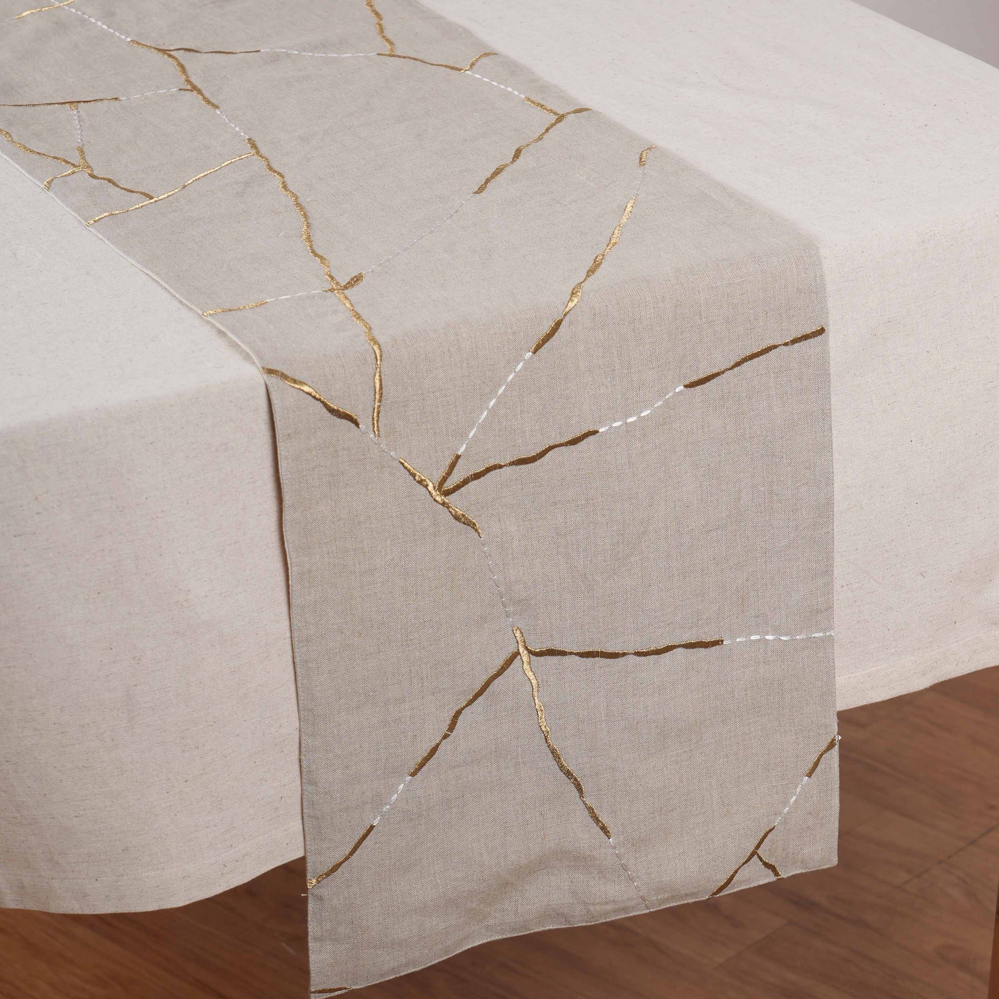 Kintsugi Linen Table Runner – Gold & White Silk Embroidery Japanese Inspired Décor