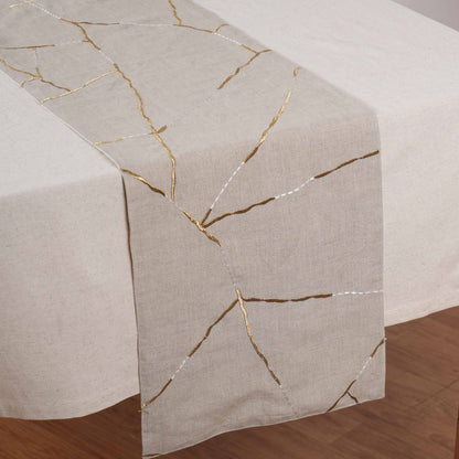 Kintsugi Linen Table Runner – Gold & White Silk Embroidery Japanese Inspired Décor