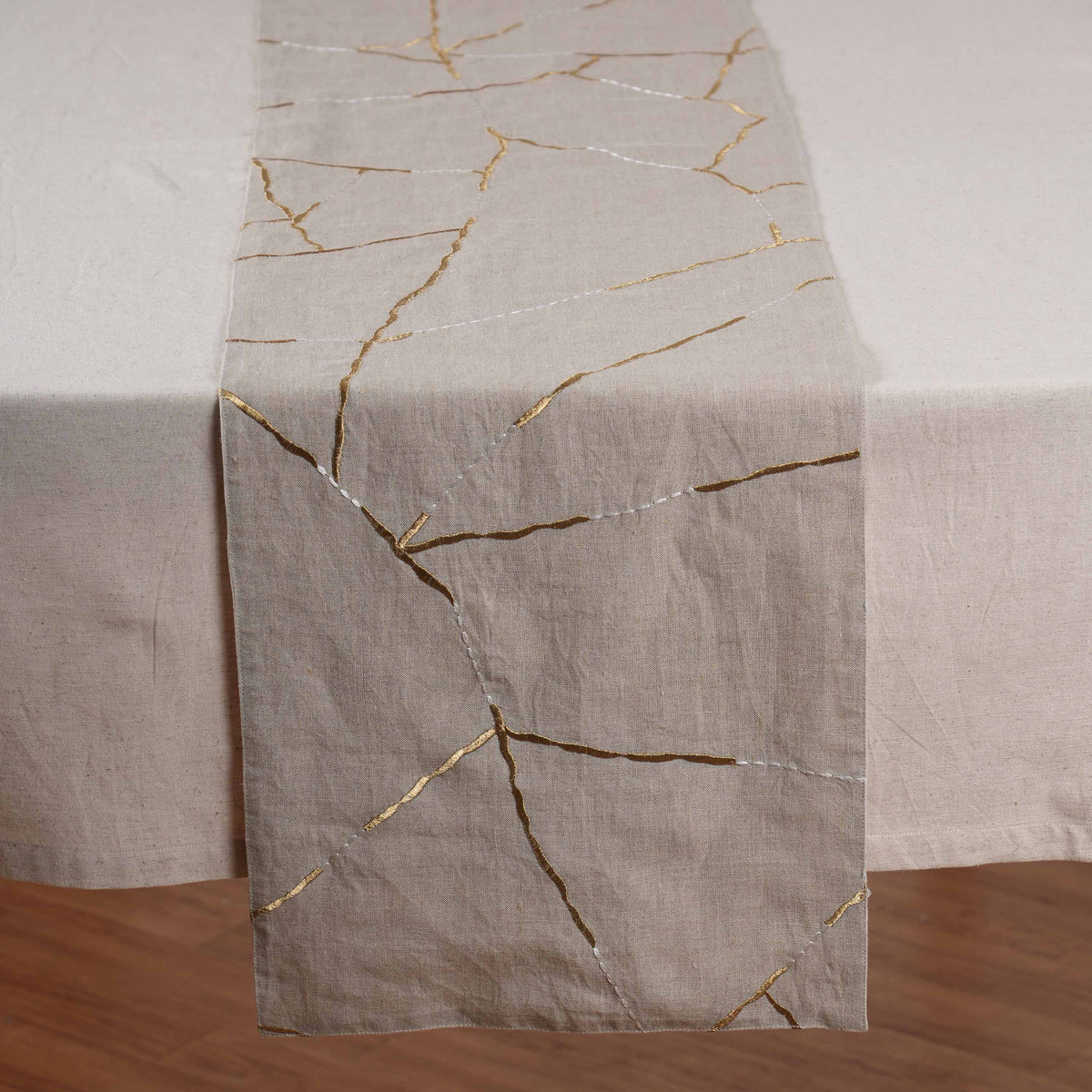 KINTSUGI Linen Table Runner – Gold & White Silk Embroidery - Sizes Available