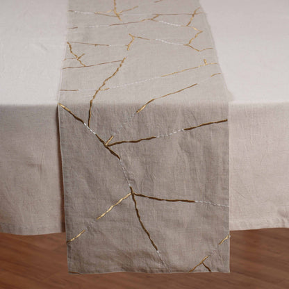 Kintsugi Linen Table Runner – Gold & White Silk Embroidery Japanese Inspired Décor