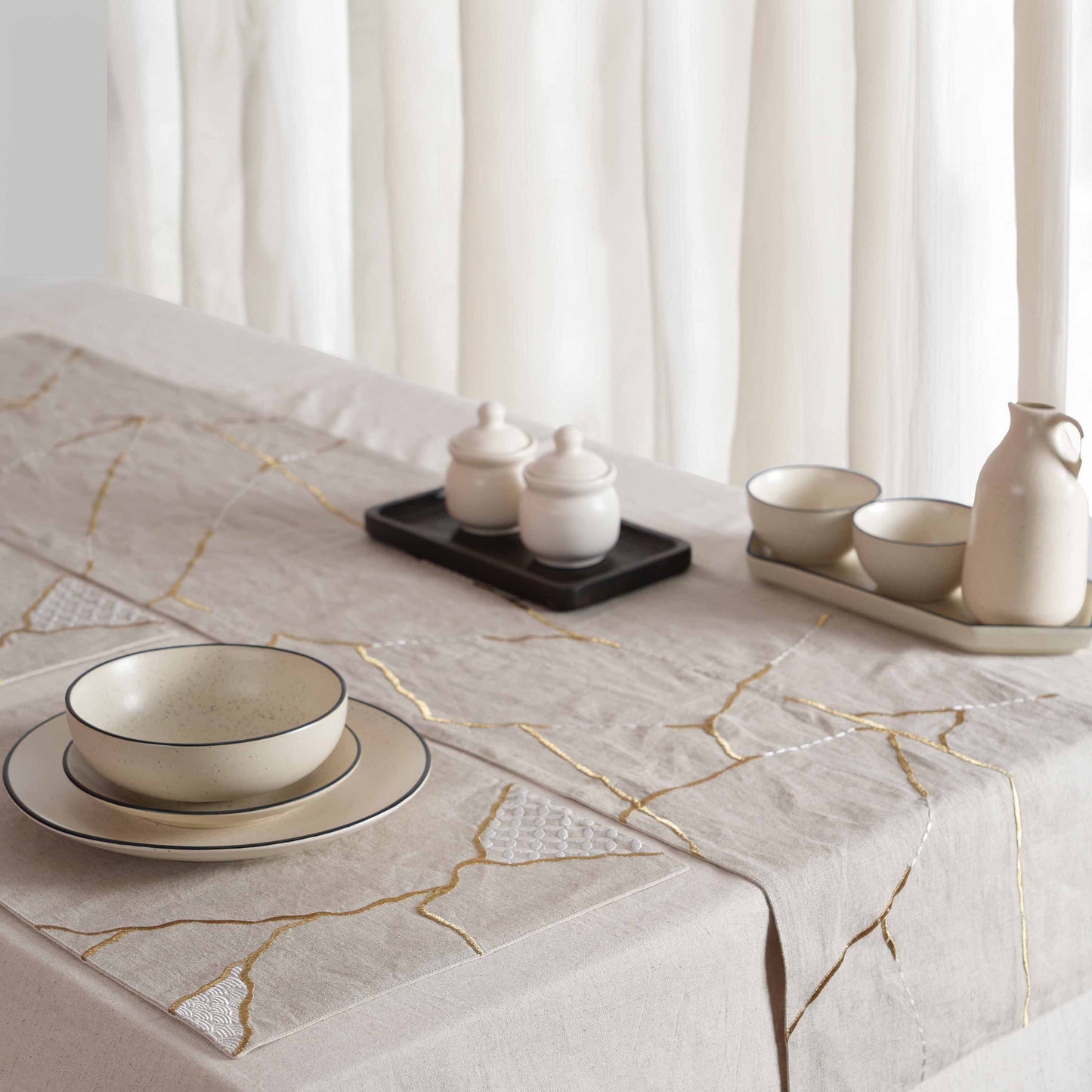 Gold & White Silk Embroidered Kintsugi Linen Table Runner