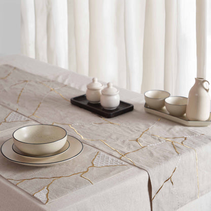 KINTSUGI Linen Table Runner – Gold & White Silk Embroidery - Sizes Available