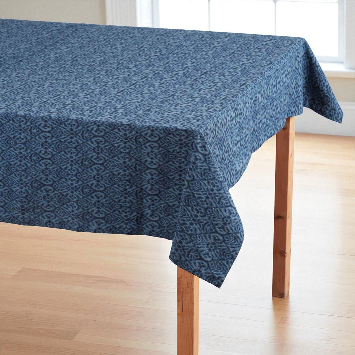 Ikat Print Indigo Blue Cotton Duck Tablecloth – Multiple Sizes
