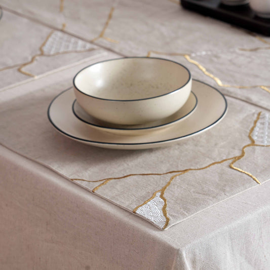 KINTSUGI Pure Linen Table Mats – with Gold & White Embroidery