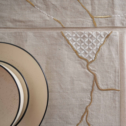 KINTSUGI Pure Linen Table Mats – with Gold & White Embroidery