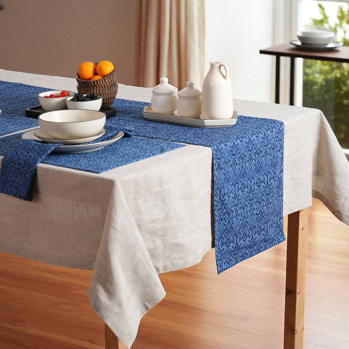 Ikat Print Indigo Blue Cotton Duck Table Runner – Sizes available