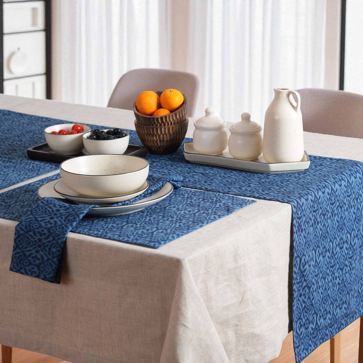 Ikat Print Indigo Blue Cotton Duck Table Runner – Sizes available