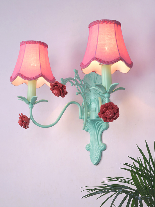 Light Steel Wall Lamp With Pink Scallop Bell Fabric Shades close up