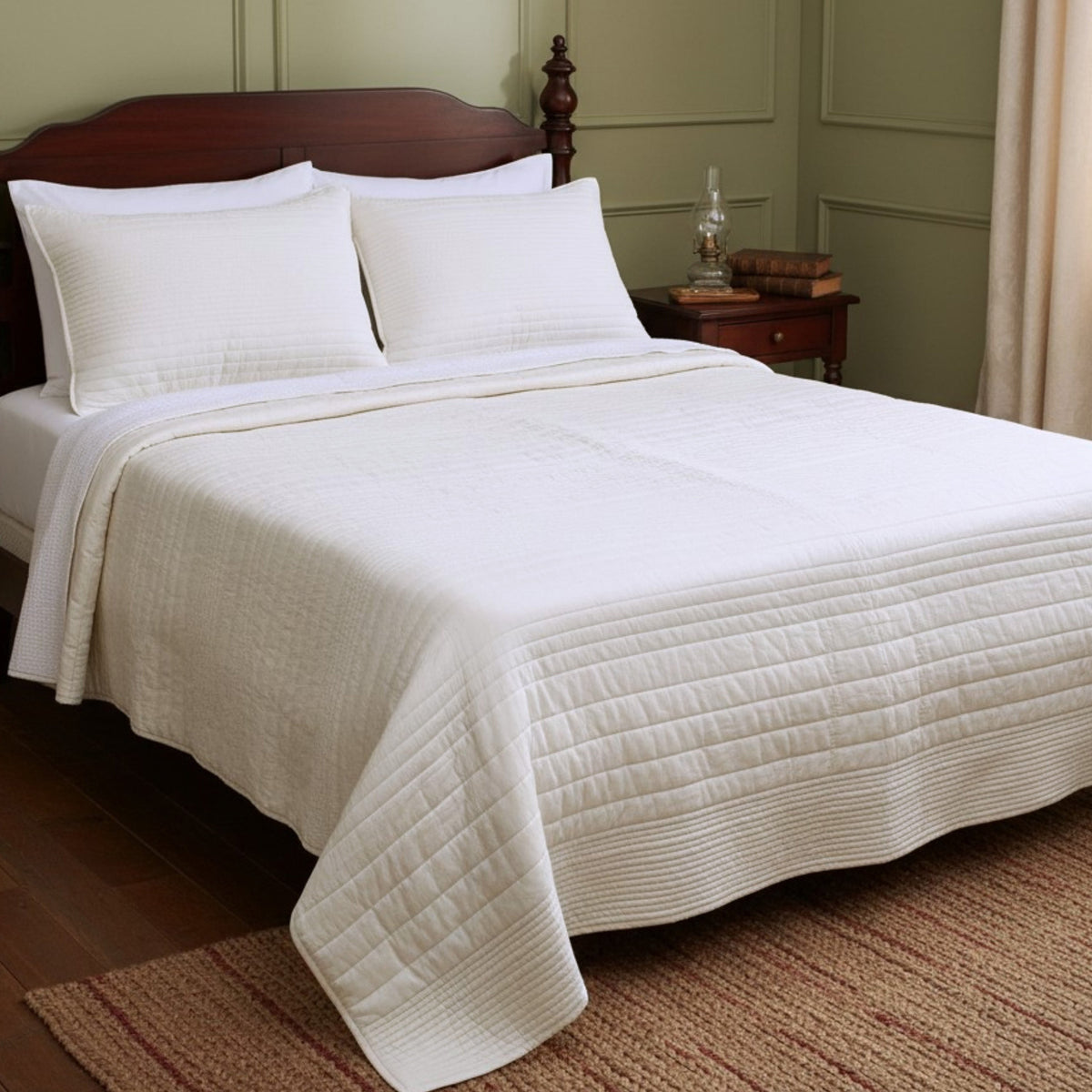 Shwet White 300TC Cotton Satin Quilt Bed Set | Stripe Quilting | Luxury Handmade