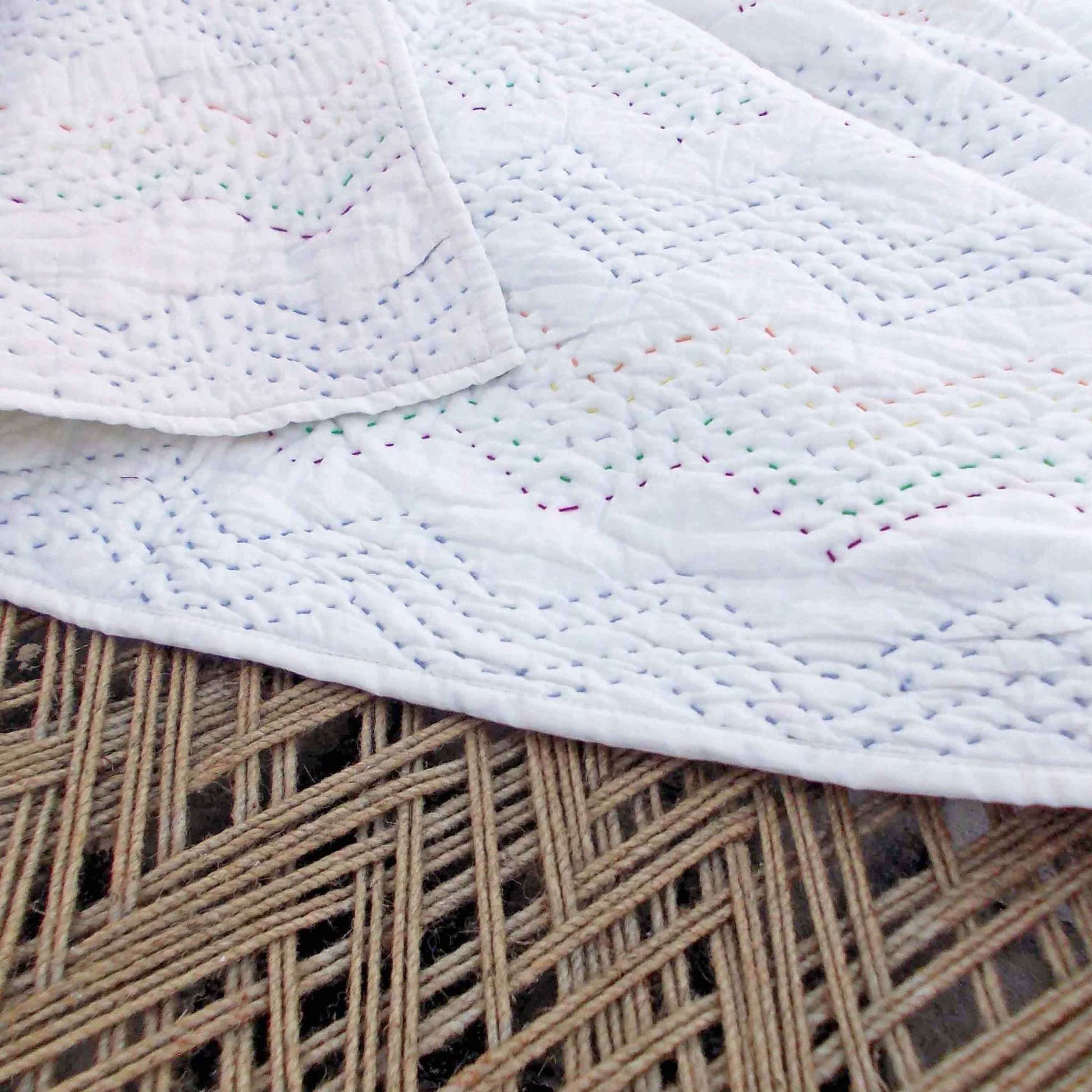 Off White Kantha Quilted Throw Blanket with Zigzag Pattern