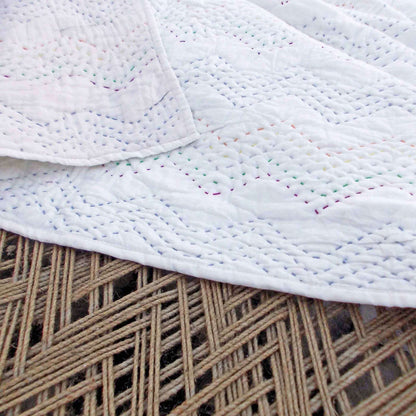 Off White Kantha Quilted Throw Blanket with Zigzag Pattern