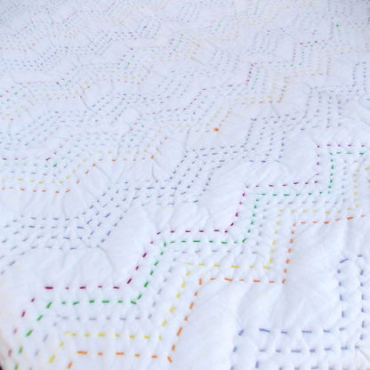 Off White Kantha Quilted Throw | Chevron Zig-Zag Pattern | 100% Cotton Voile | Handmade
