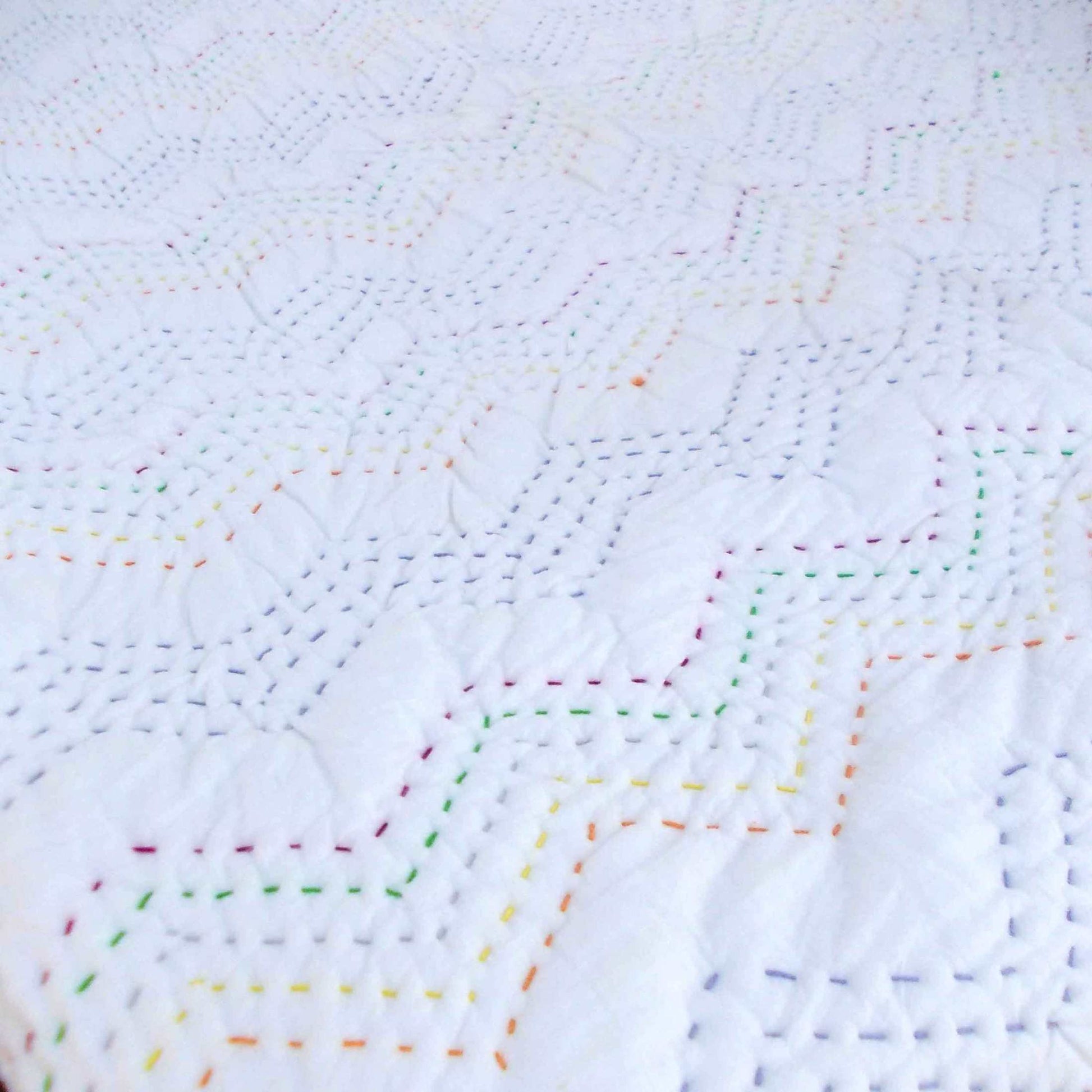 Off White Kantha Quilted Throw Blanket with Zigzag Pattern