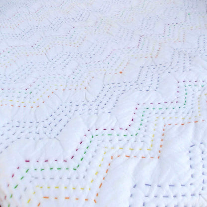 Off White Kantha Quilted Throw Blanket with Zigzag Pattern