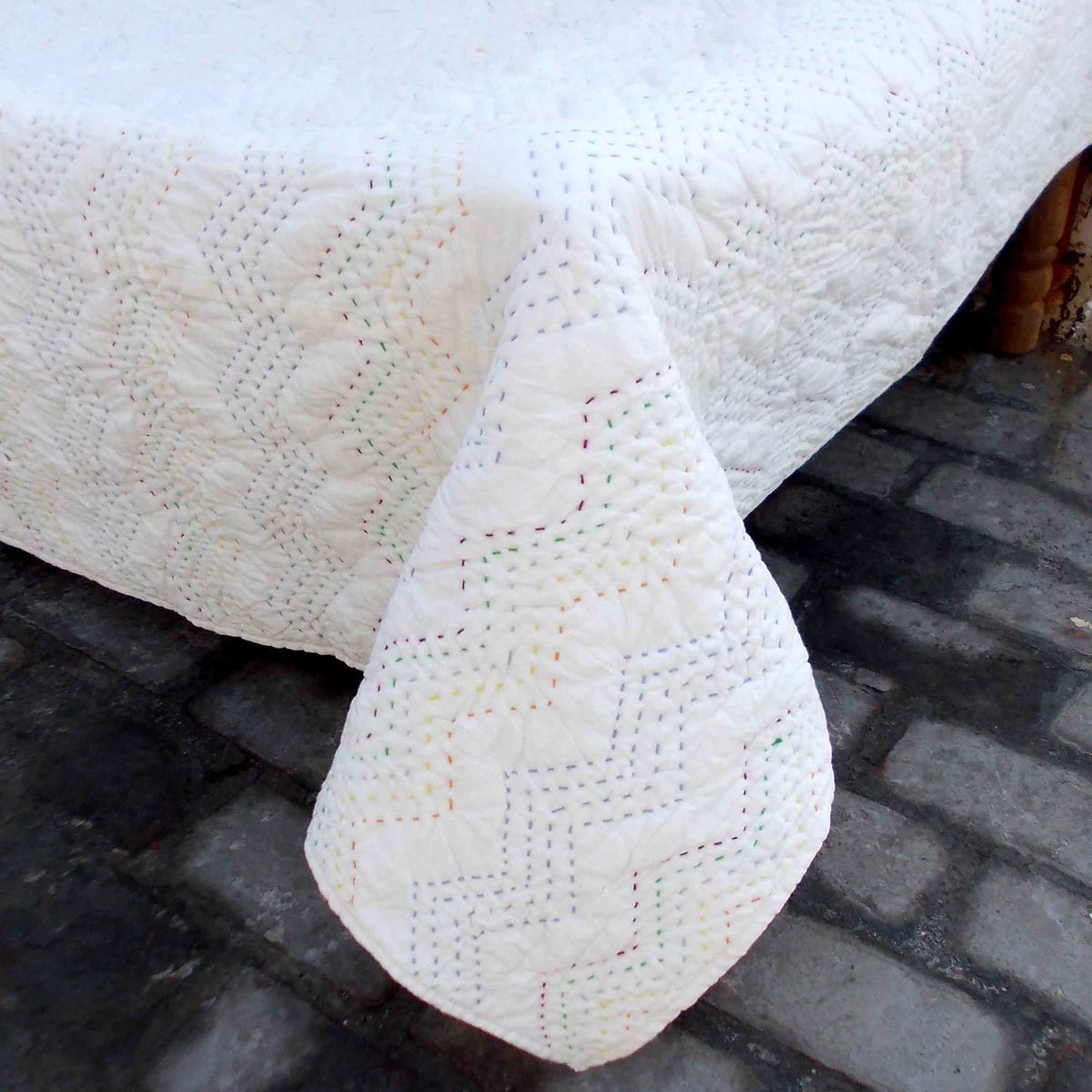 White Kantha Quilt | Chevron Pattern Quilting | Quilt Set, Quilt or Pillow Case