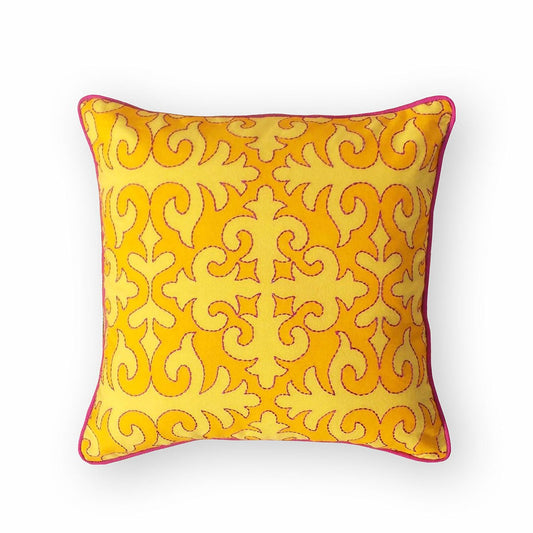 Vliving Yellow Shyrdak Cushion Cover – Vibrant Hand‑Embroidered Cotton Pillowcase