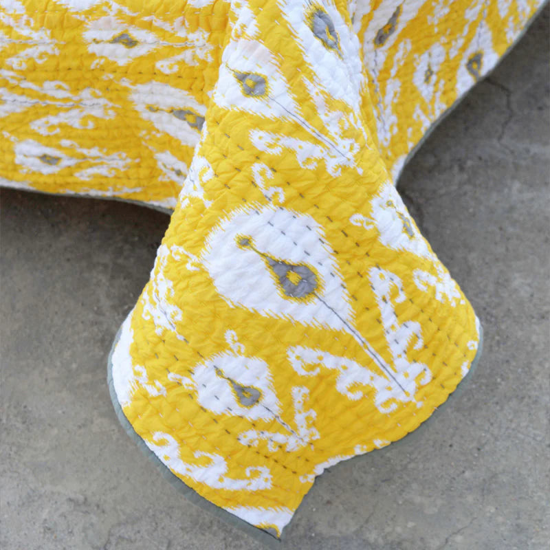 Quilted bedspread, ikat print yellow colour cotton quilt, Sizes available