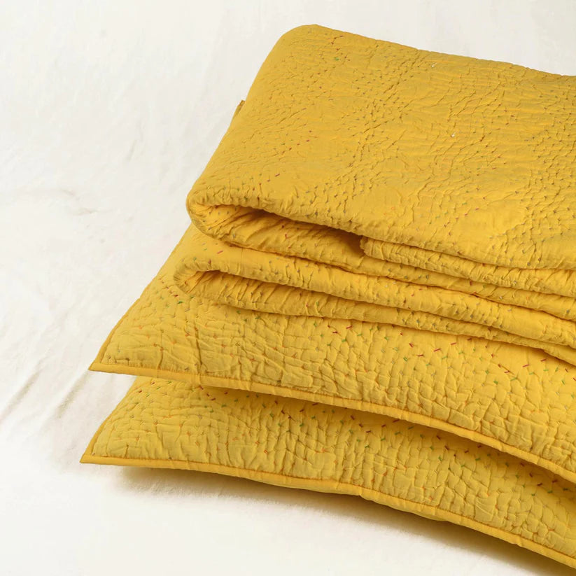 Yellow cotton chevron kantha quilt set – Quilt with coordinated pillow covers, sizes available