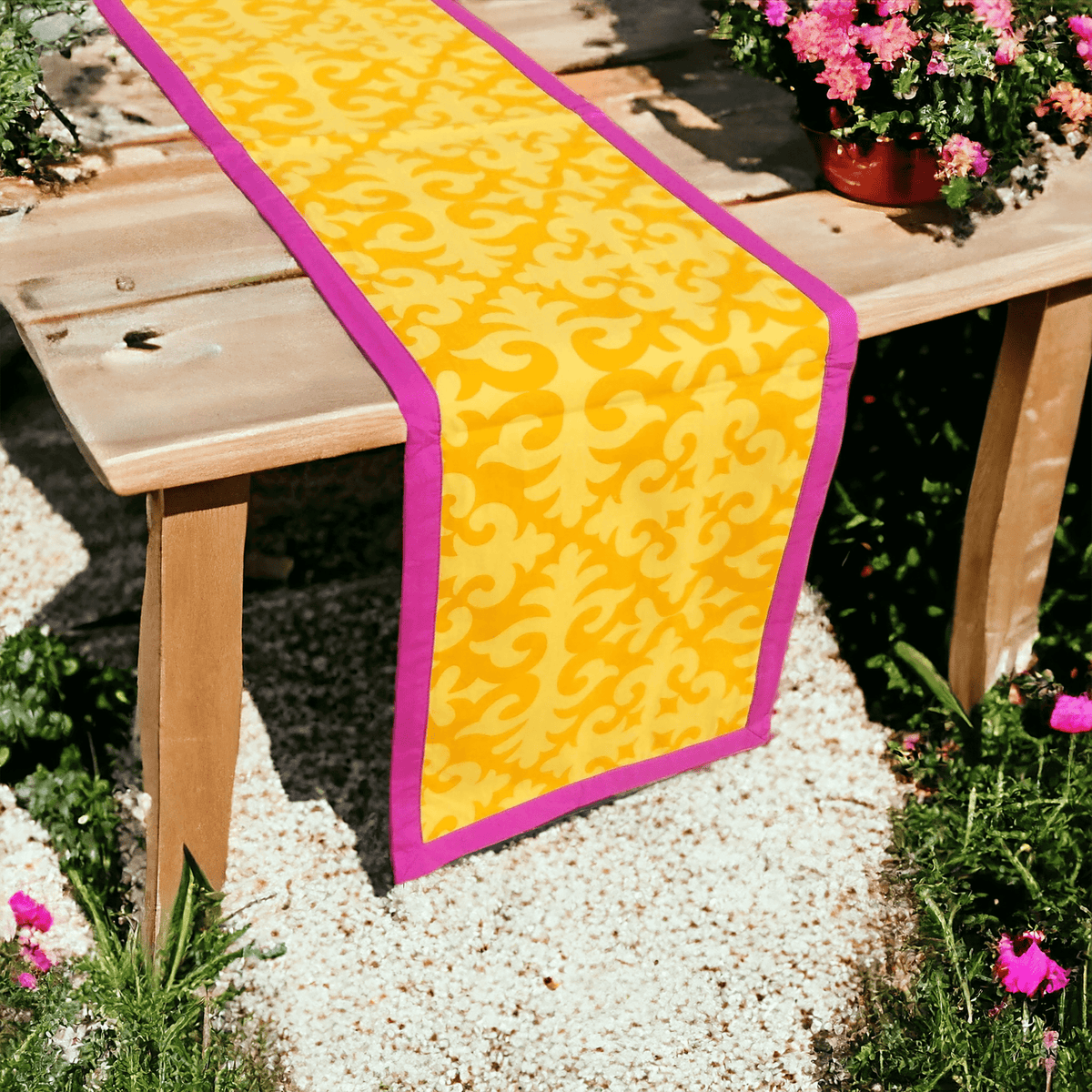 Shyrdak Yellow Cotton Table Runner – Tone-on-Tone Scroll Print with Hot Pink Border | 2 Sizes
