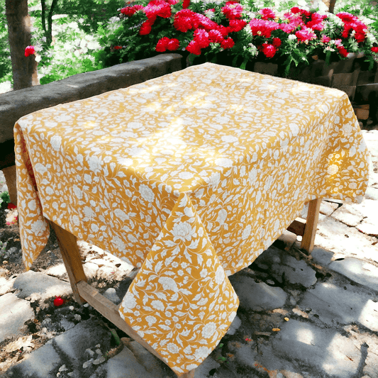 Vliving Yellow Kalamkari Premium Handcrafted Cotton Table Cover for Dining