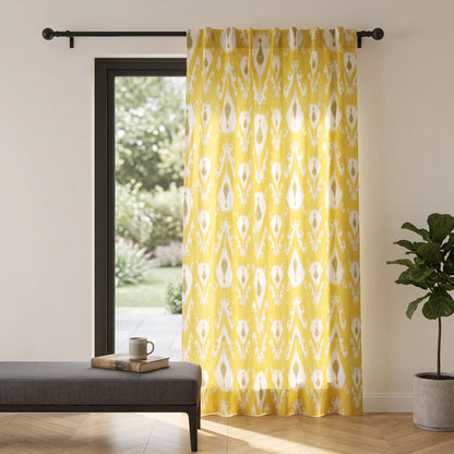 Yellow Ikat Sheer Curtain Panel | Block Print Cotton Voile | 2 Sizes | 4 Hanging Styles