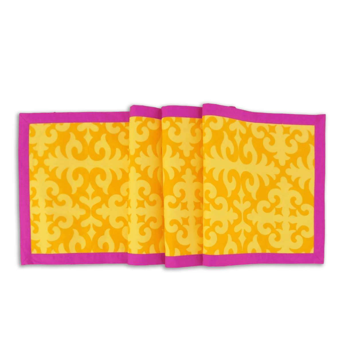 Shyrdak Yellow Cotton Table Runner – Tone-on-Tone Scroll Print with Hot Pink Border | 2 Sizes
