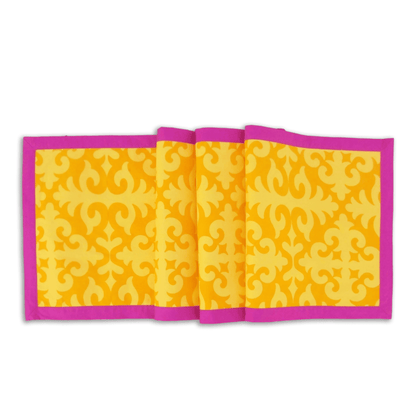 Shyrdak Yellow Cotton Table Runner – Tone-on-Tone Scroll Print with Hot Pink Border | 2 Sizes