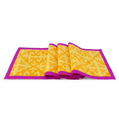 Shyrdak Yellow Cotton Table Runner – Tone-on-Tone Scroll Print with Hot Pink Border | 2 Sizes