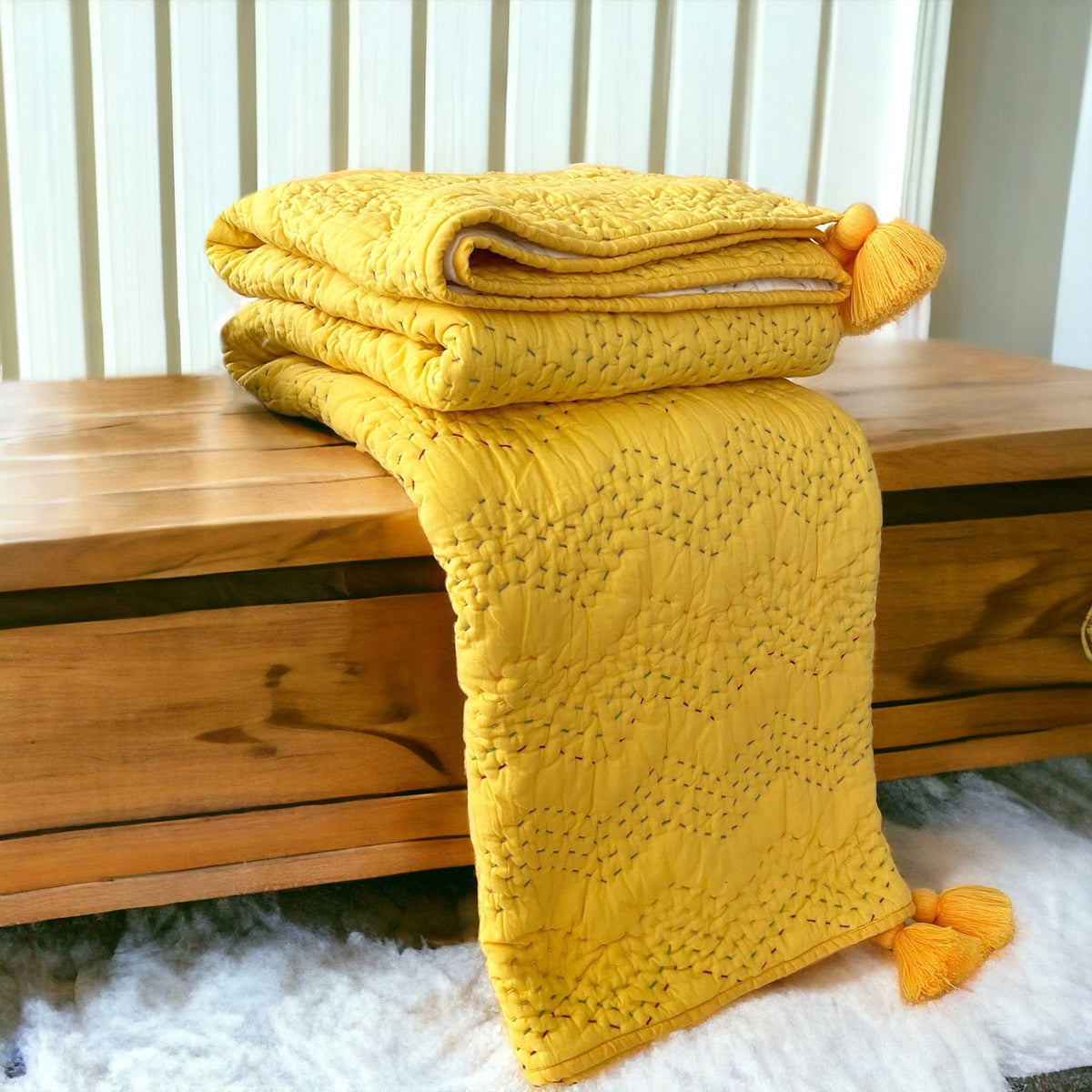 Yellow Hand-Quilted Cotton Throw Blanket | Kantha-Inspired Chevron Zig-Zag | Corner Tassels | 50" × 60"