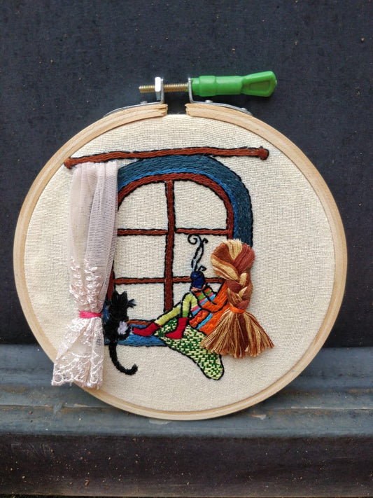 Sit back and relax - Hand embroidered 3D hoop art