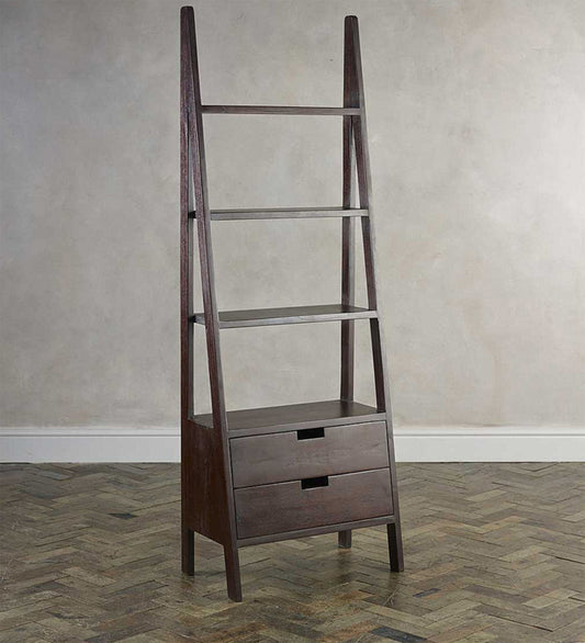 Ladder Design Bookcase With 2 Drawer Espresso Walnut Finish