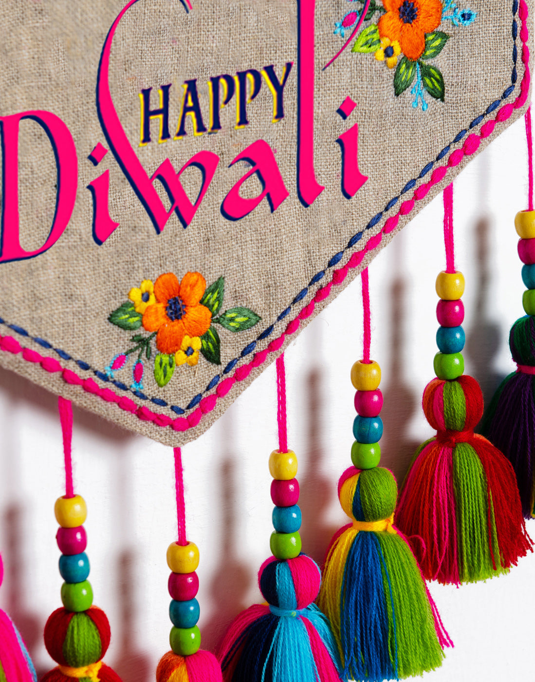 Set of 2 - 1.Custom Made Diwali tassel and 1. Happy diwali Wall art – embroidered triangular linen wall art with multicolour tassels