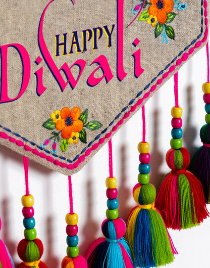 Set of 2 - 1.Custom Made Diwali tassel and 1. Happy diwali Wall art – embroidered triangular linen wall art with multicolour tassels