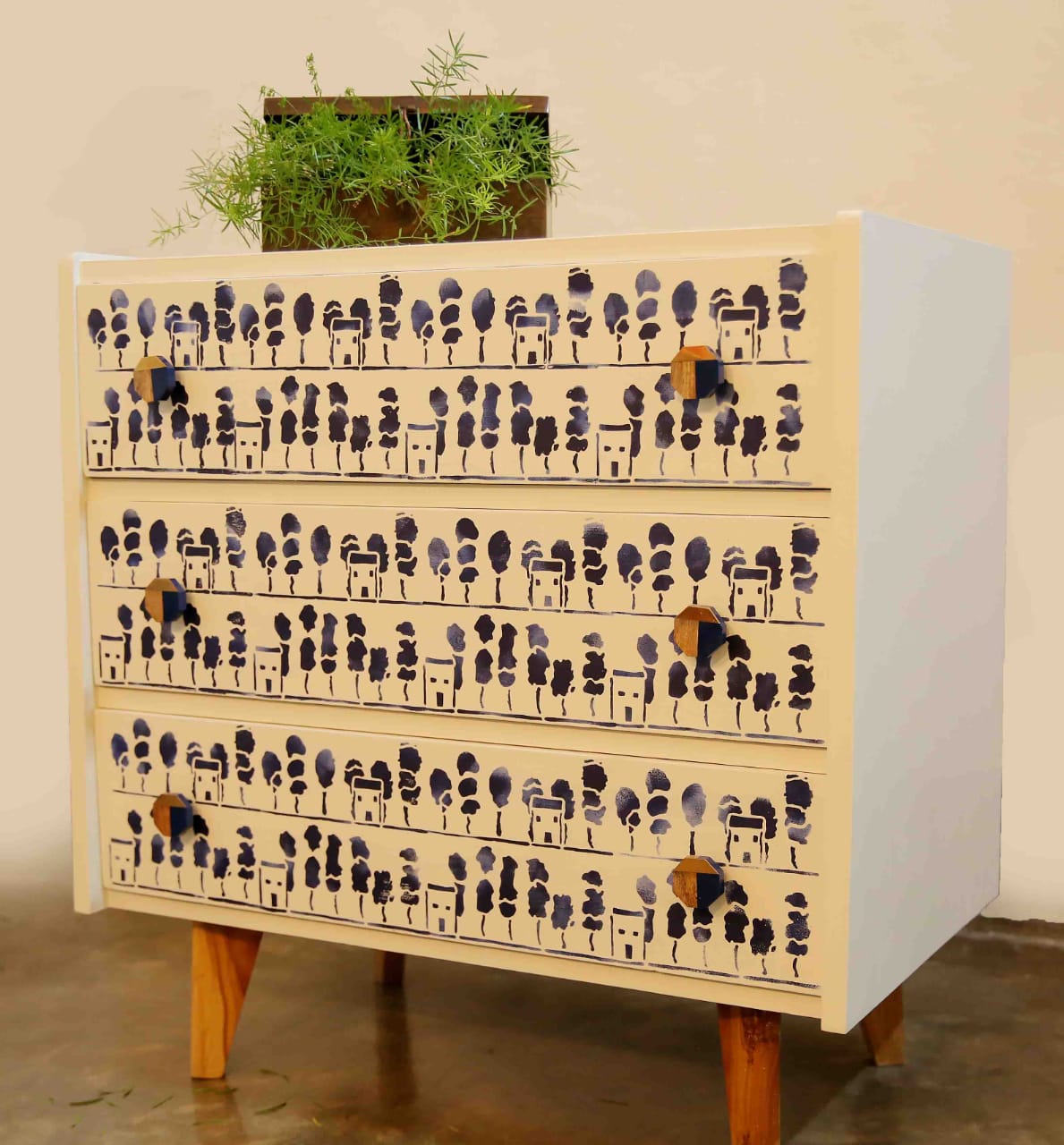 Hand painted and handcrafted solid wood Chest of drawers side view