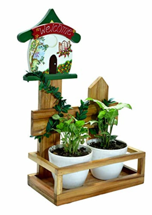 Wooden Hand painted Welcome House with Creeper Fence Planter